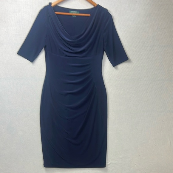 Lauren Ralph Lauren Women’s Size 8 Cowlneck Sheath Dress Navy Blue Career - Picture 1 of 13